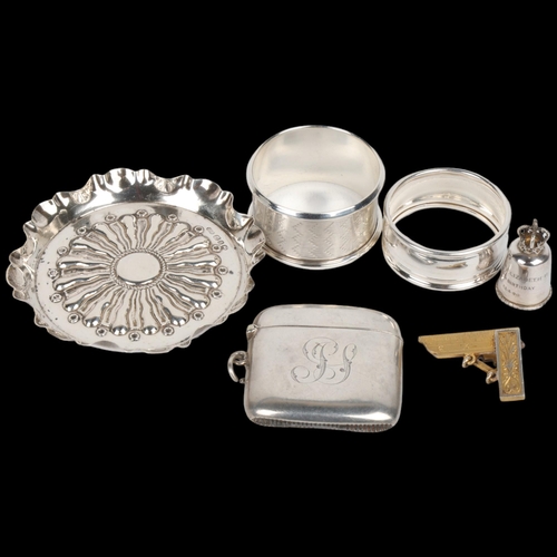 1714 - Various silver, including pin tray, Elizabeth II Coronation commemorative thimble, Vesta case etc, 3... 