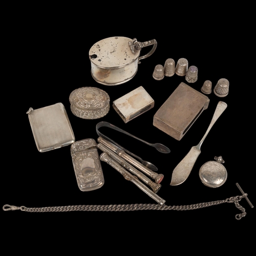 1715 - Various silver, including Antique Albert chain necklace, mustard pot, sovereign case, matchbox holde... 