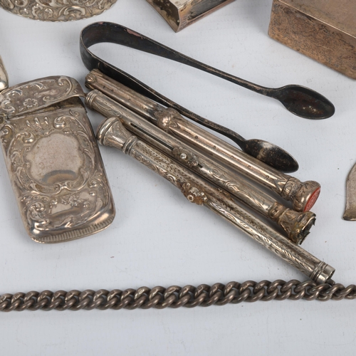 1715 - Various silver, including Antique Albert chain necklace, mustard pot, sovereign case, matchbox holde... 