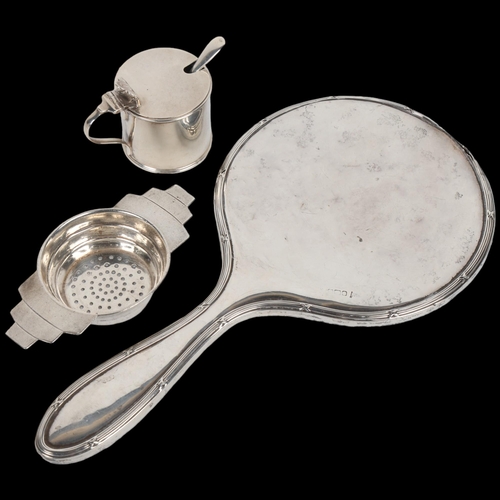 1716 - Various silver, including Art Deco George V 2-handled tea strainer, drum mustard pot, etc, 2.7oz wei... 