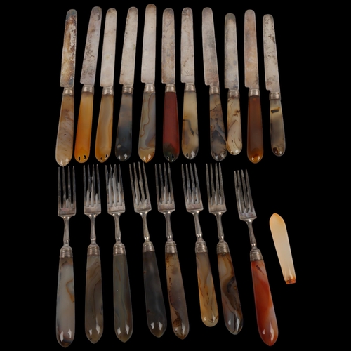 1725 - A group of 19th century lace agate handled silver plated dessert cutlery, comprising 8 forks, 11 kni... 