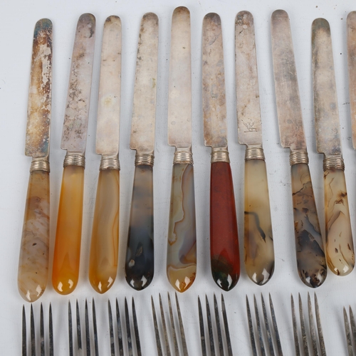 1725 - A group of 19th century lace agate handled silver plated dessert cutlery, comprising 8 forks, 11 kni... 