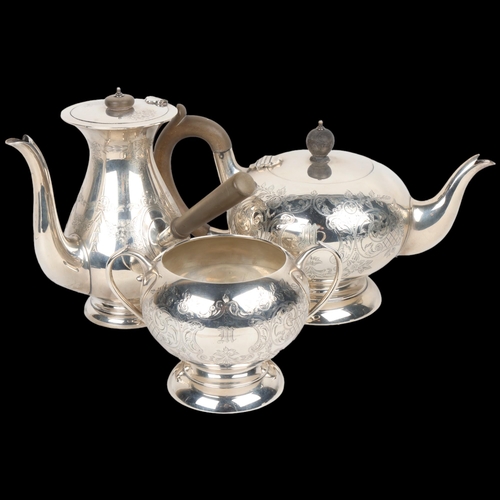 1731 - A George V silver 3-piece tea and coffee set, Jones & Crompton, Birmingham 1916, comprising teapot, ... 