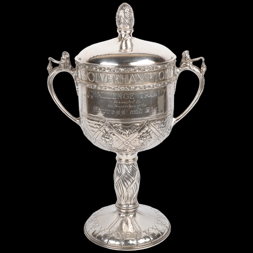 1733 - An impressive and unique Arts and Crafts George V silver 2-handled presentation trophy cup and cover... 