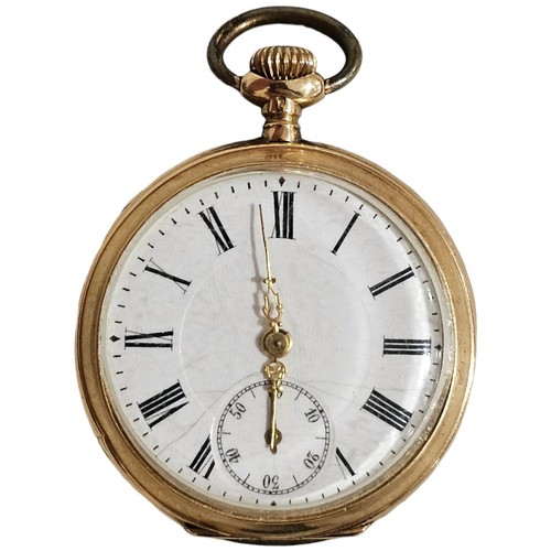 1063 - A Swiss 14ct gold open-face keyless fob watch, Geneva circa 1900, white enamel dial with Roman numer... 