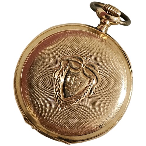 1063 - A Swiss 14ct gold open-face keyless fob watch, Geneva circa 1900, white enamel dial with Roman numer... 