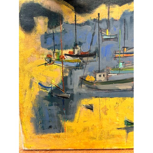 727 - Francise, abstract harbour scene, oil on canvas, signed and dated 1967, 50cm x 60cm, unframed