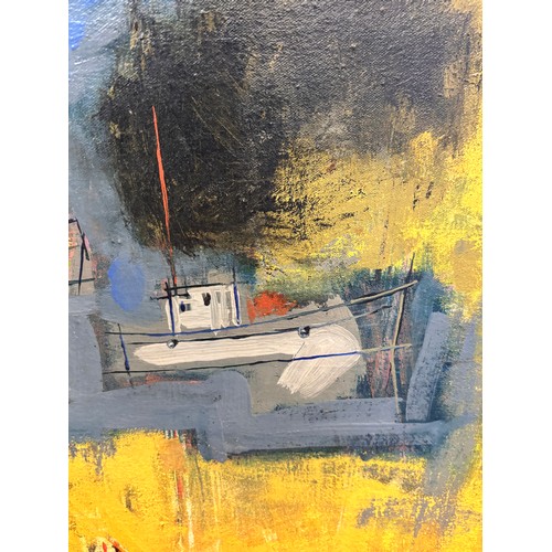 727 - Francise, abstract harbour scene, oil on canvas, signed and dated 1967, 50cm x 60cm, unframed