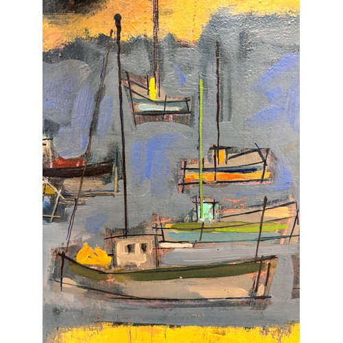 727 - Francise, abstract harbour scene, oil on canvas, signed and dated 1967, 50cm x 60cm, unframed