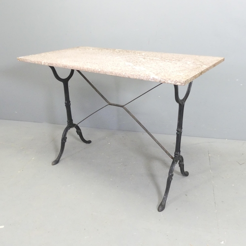 91 - A rectangular marble topped garden table on cast iron base. 100x73x52cm.