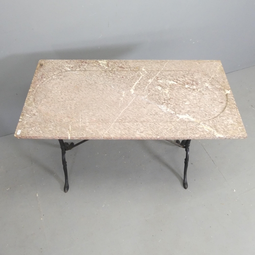 91 - A rectangular marble topped garden table on cast iron base. 100x73x52cm.