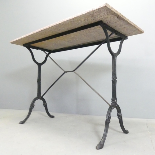 91 - A rectangular marble topped garden table on cast iron base. 100x73x52cm.