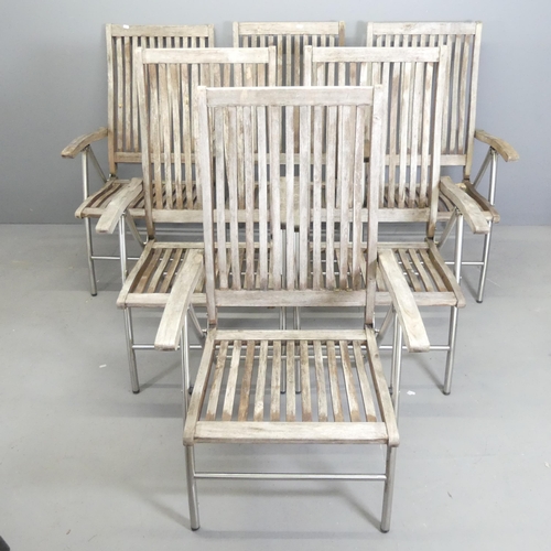 92 - A set of six weathered teak folding and reclining garden chairs. Labelled MIR.