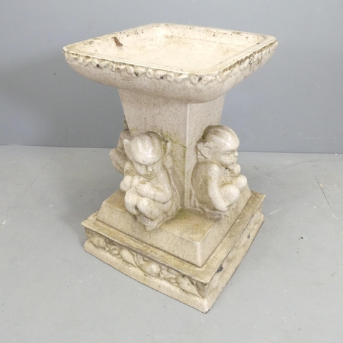 52 - LEFCO A Victorian glazed ceramic bird bath, the central column surrounded by imps, with pedestal bas... 