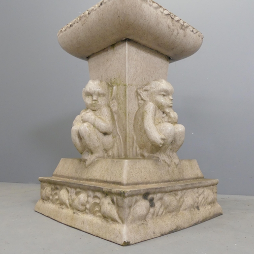 52 - LEFCO A Victorian glazed ceramic bird bath, the central column surrounded by imps, with pedestal bas... 