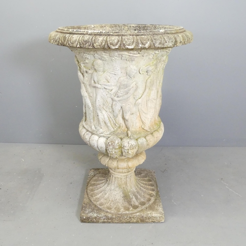 99 - A reconstituted stone Grecian design garden urn on stand. Indistinctly signed. 64x93cm.