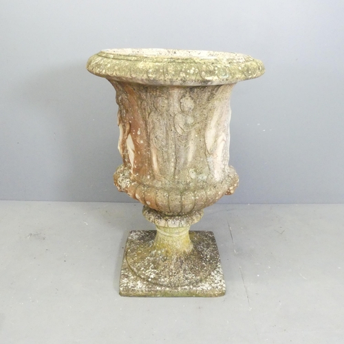 100 - A reconstituted stone Grecian design two-section garden urn on stand. 64x91cm.