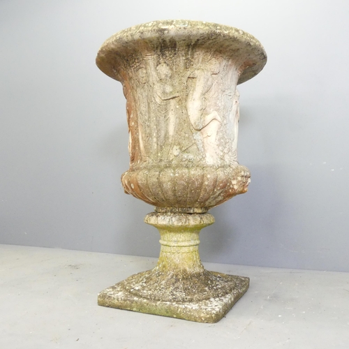 100 - A reconstituted stone Grecian design two-section garden urn on stand. 64x91cm.