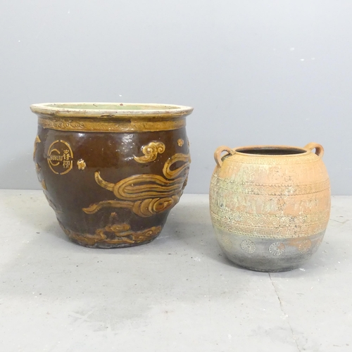 101 - A Chinese glazed ceramic plant pot, 38x31cm, and a smaller greek style plant pot. (2)