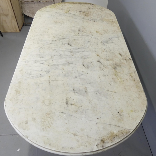 45 - A weathered oval marble topped garden table on painted cast metal base. 178z74.5x89cm.