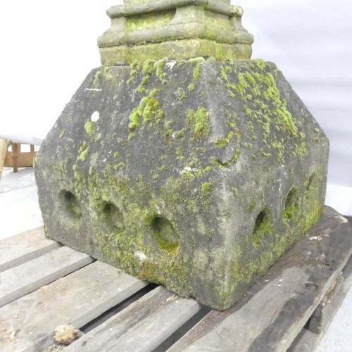 120 - A Victorian copper weathervane mounted on weathered natural stone base and plinth. 60x166x60cm.