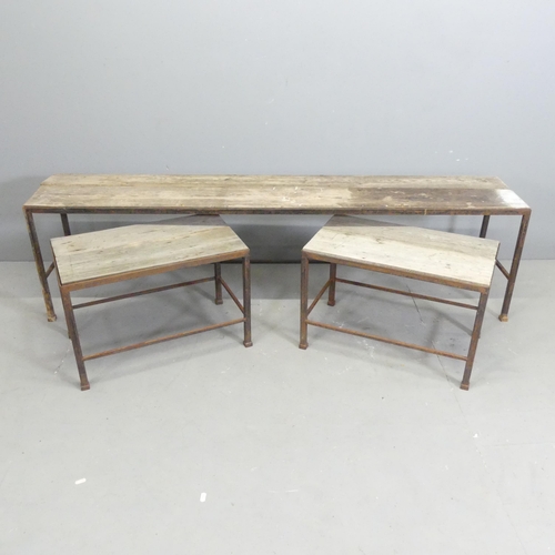 142 - Three various low garden tables, with pine tops on cast metal bases. Largest 164x45x32cm, smallest 5... 