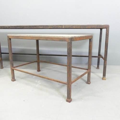 142 - Three various low garden tables, with pine tops on cast metal bases. Largest 164x45x32cm, smallest 5... 