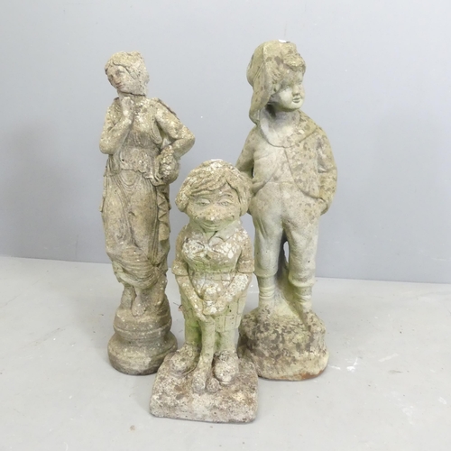 160 - Three various weathered concrete garden statues. Tallest 70cm.