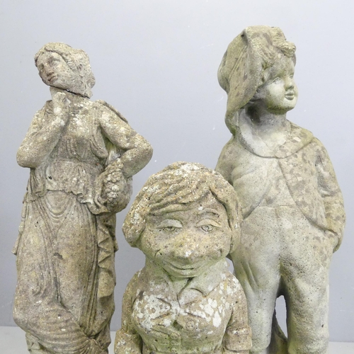 160 - Three various weathered concrete garden statues. Tallest 70cm.