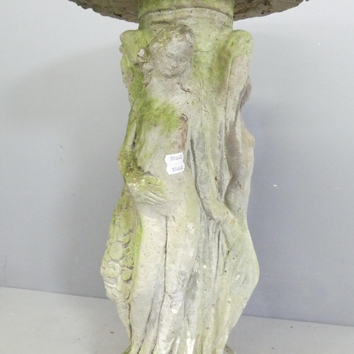 165 - A weathered concrete two-section bird bath, depicting the three Graces. 41x73cm.