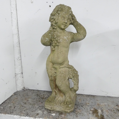 166 - A weathered concrete garden statue, study of a Putti / cherub. Height 90cm.