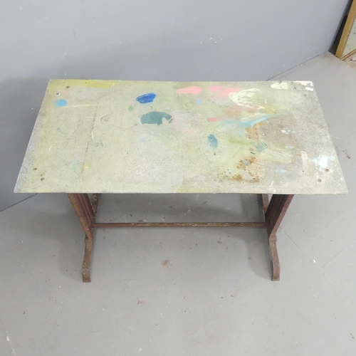 63 - FISCHEL - An early 20th century French industrial work table with cast iron base and maker's marks. ... 