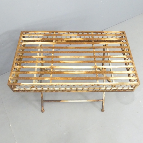 179 - A vintage painted metal folding garden table, with slatted top and wirework arch detail to sides. 87... 