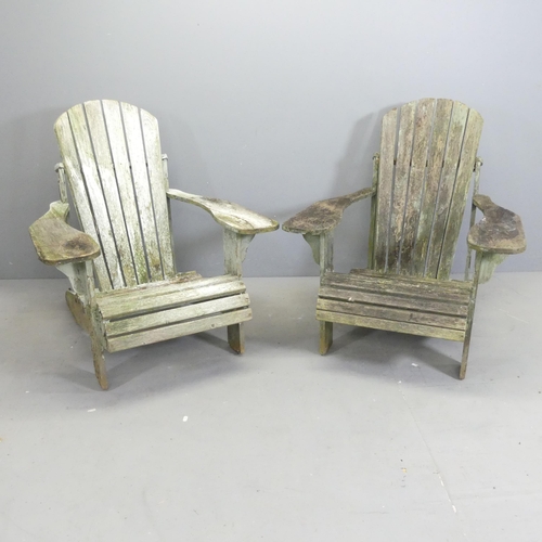 187 - A pair of weathered teak Adirondack garden chairs. Overall 78x90x90cm, seat 48x36x40cm.