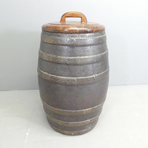 194 - A stoneware barrel with fitted wooden lid. 40x74cm.