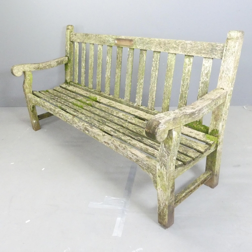 200 - LISTER - A weathered teak slatted garden bench, with maker's badge to side. 185x95x72cm.... 