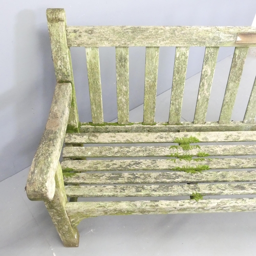 200 - LISTER - A weathered teak slatted garden bench, with maker's badge to side. 185x95x72cm.... 