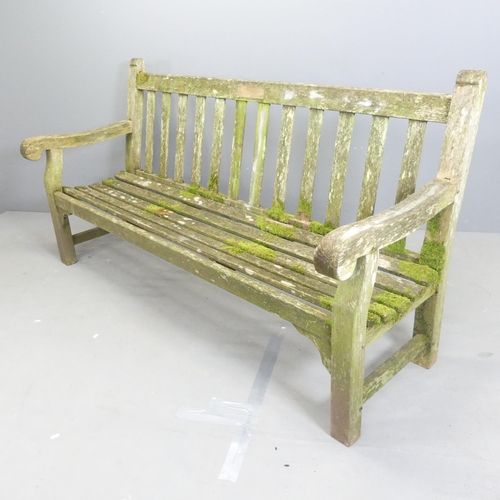 201 - LISTER - A weathered teak slatted garden bench, with maker's badge to side. 185x95x72cm.... 