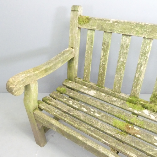 201 - LISTER - A weathered teak slatted garden bench, with maker's badge to side. 185x95x72cm.... 