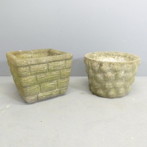 275 - A concrete brick design square planter, 36x30cm, and a circular planter. (2)