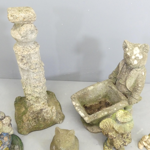 280 - A selection of garden ornaments including a concrete cat with wheelbarrow, 57cm, clown, dwarves etc.... 