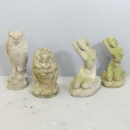 293 - Four various concrete garden ornaments, comprising two nude ladies, an owl and a rabbit. Tallest 38c... 