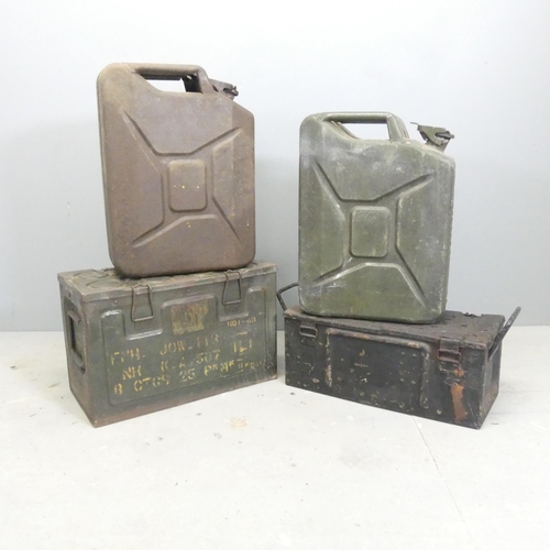 298 - Two vintage Jerry cans, and two ammunition boxes. Largest 48x31x24cm.