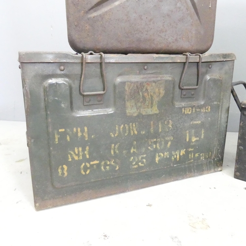 298 - Two vintage Jerry cans, and two ammunition boxes. Largest 48x31x24cm.