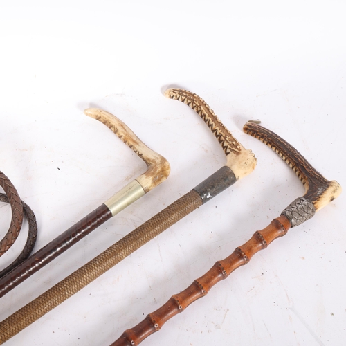 67 - 3 various horn-handled riding crops, 2 with silver collars