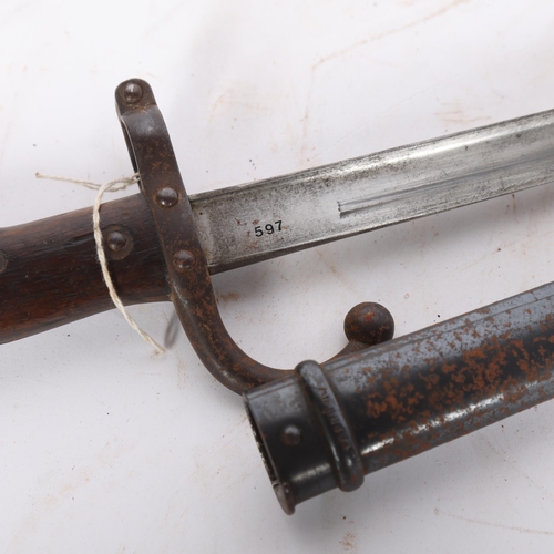 83 - A French military model 1874 bayonet and scabbard, blade length 52cm, overall length 66cm, serial no... 