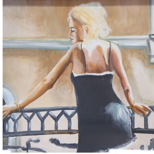 90 - Clive Fredriksson, oil on board, a young lady looking over a balcony, 44cm x 54cm overall, framed