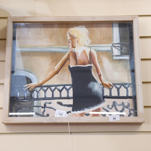 90 - Clive Fredriksson, oil on board, a young lady looking over a balcony, 44cm x 54cm overall, framed