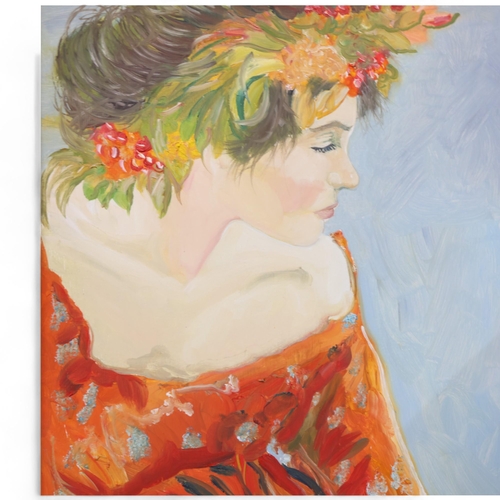 91 - Clive Fredriksson, oil on board, portrait of a young girl with a garland of flowers in her hair, 58c... 