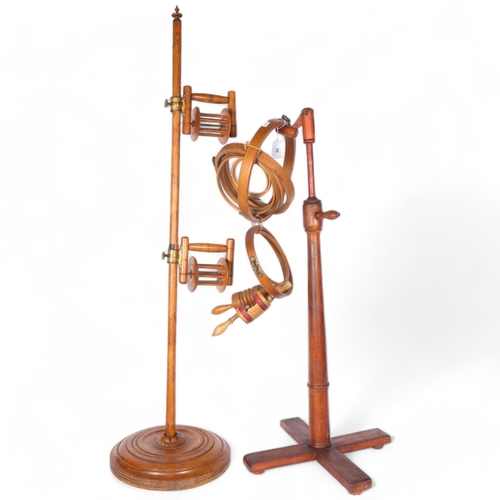 96 - A fruitwood wool winder, and a tapestry adjustable stand with a selection of various frames